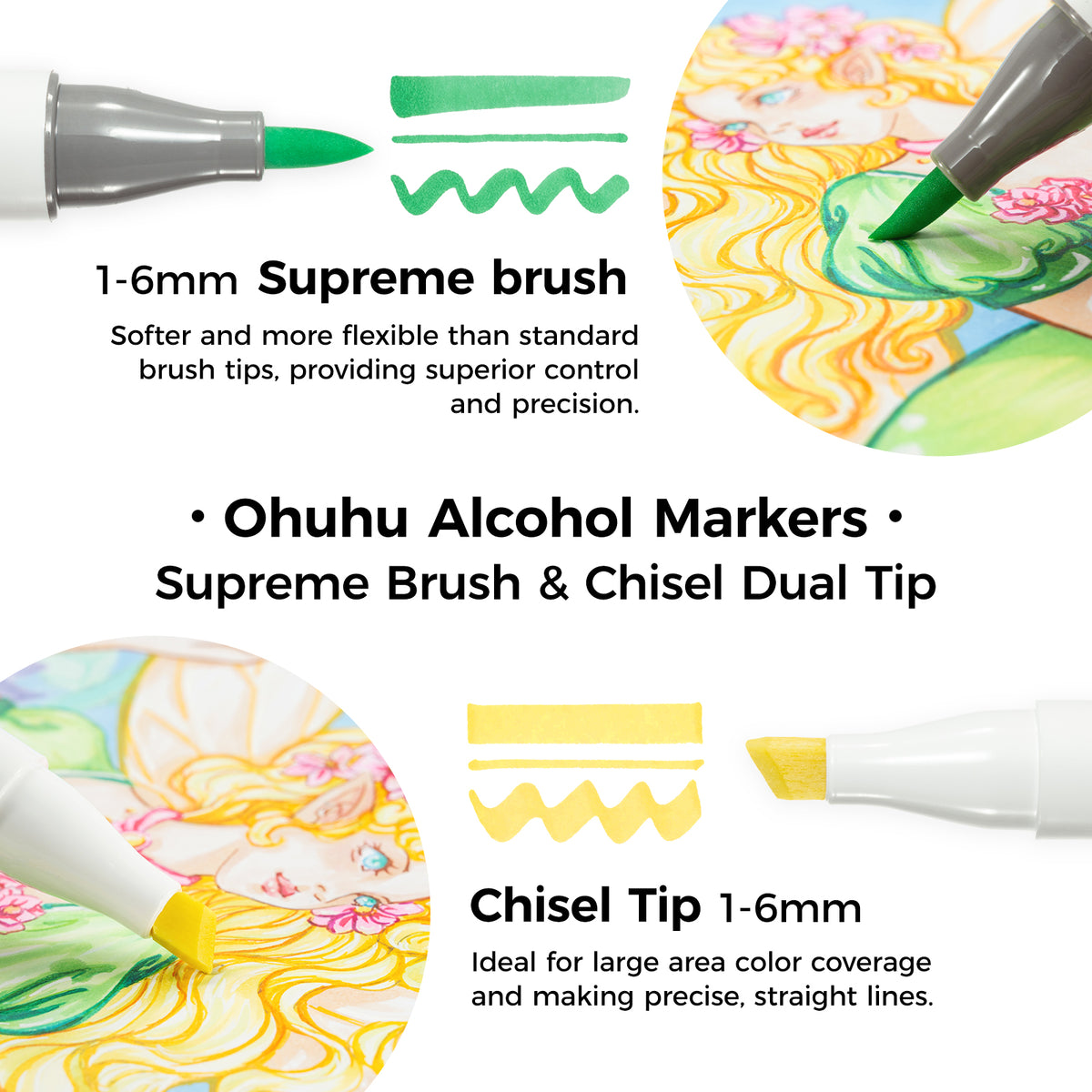 Ohuhu Best Seller - Honolulu Plus Series Supreme Rubber Brush Tip Markers