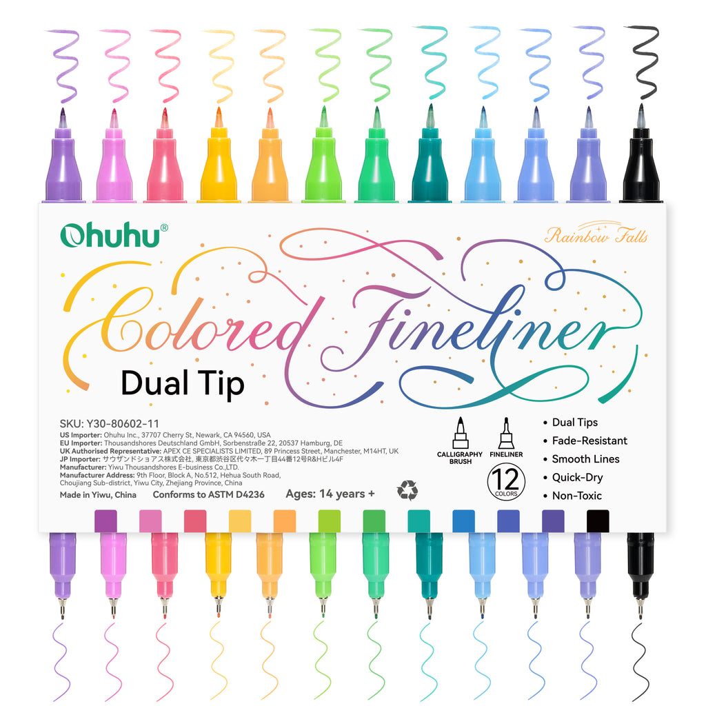 Ohuhu New - Colored Fineliner & Brush Pens, 12 Colors
