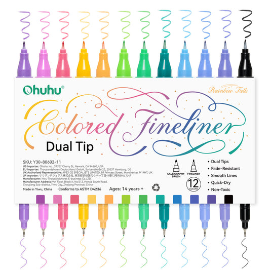 Ohuhu New - Colored Fineliner & Brush Pens, 12 Colors