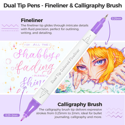 Ohuhu New - Colored Fineliner & Brush Pens, 12 Colors