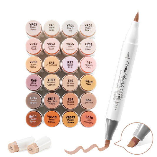 Ohuhu Special Offer - Honolulu S 24 Skin Tone Colors Dual Soft Tips Alcohol Art Markers, Brush & Soft Chisel