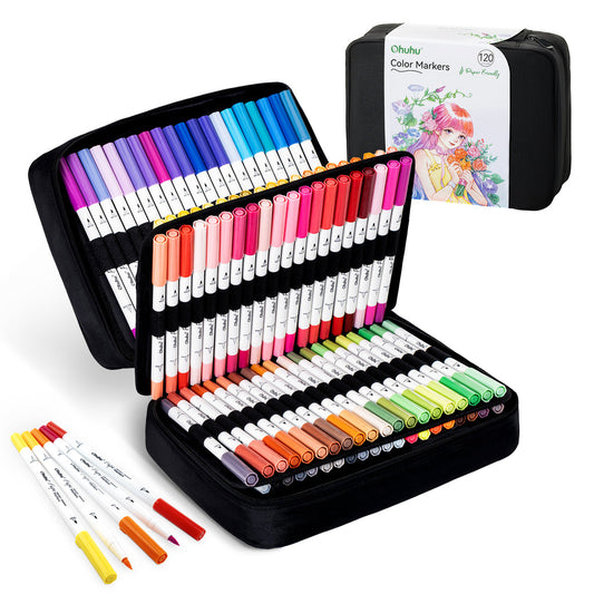 Ohuhu Classic - Pupe Paper-friendly (No Peeling) Brush and Fineliner Dual Tips 120 Colors Water-based Coloring Markers