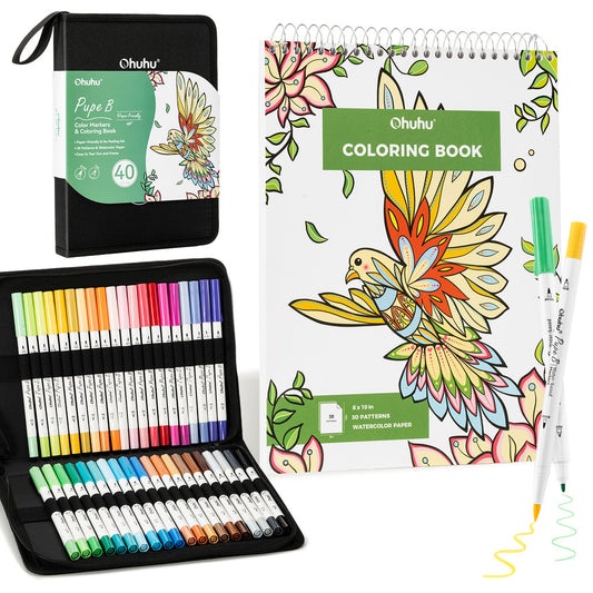 Ohuhu Signature - Pupe B 40 Paper-friendly (No Peeling)  Markers＆ Coloring Book Set