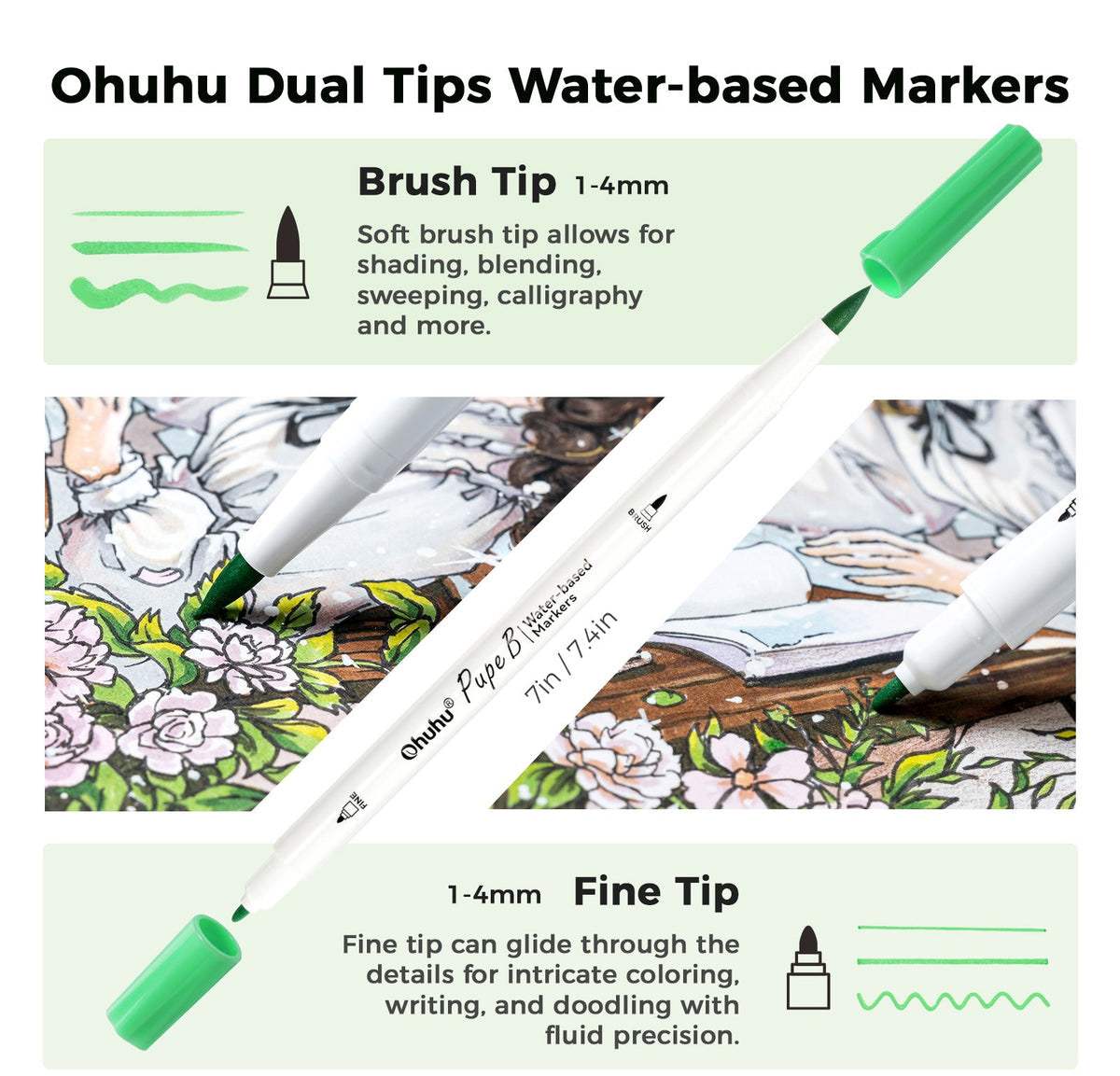 Ohuhu Signature - Pupe B 40 Paper-friendly (No Peeling)  Markers＆ Coloring Book Set