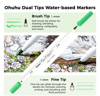 Ohuhu Signature - Pupe B 40 Paper-friendly (No Peeling)  Markers＆ Coloring Book Set