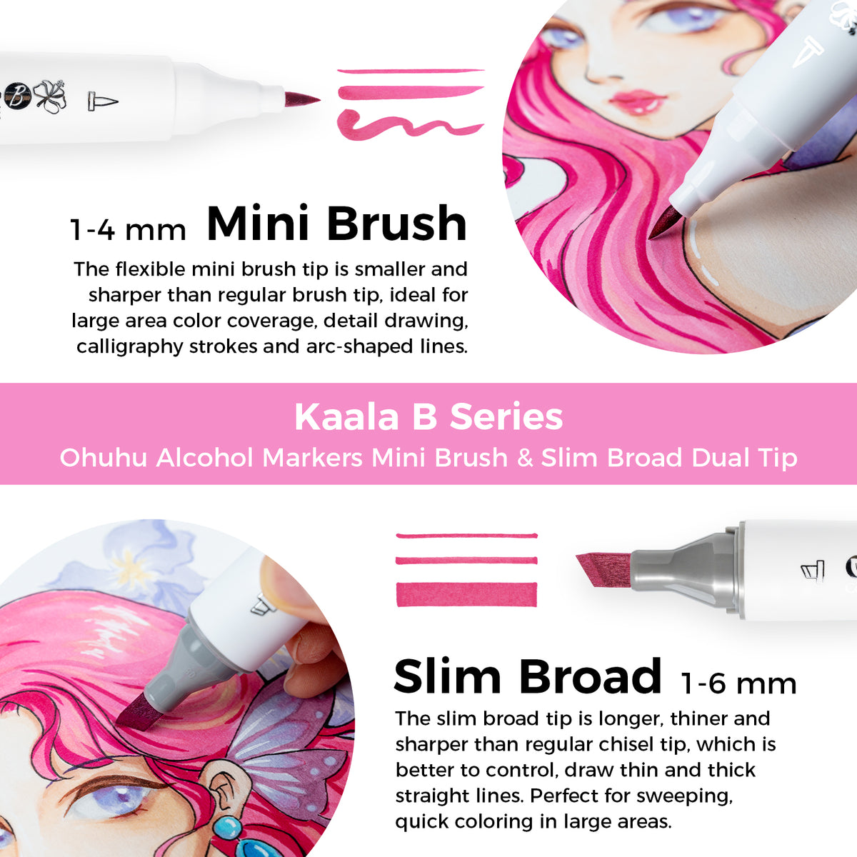 Ohuhu Smart Buy - Kaala B Dual Tips Alcohol Art Markers, Slim Broad & Mini Brush