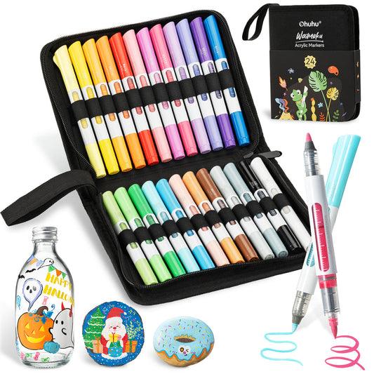Ohuhu Deals - 24 Colors Brush & Bullet Automatic Ink Control Acrylic Markers - Waimoku