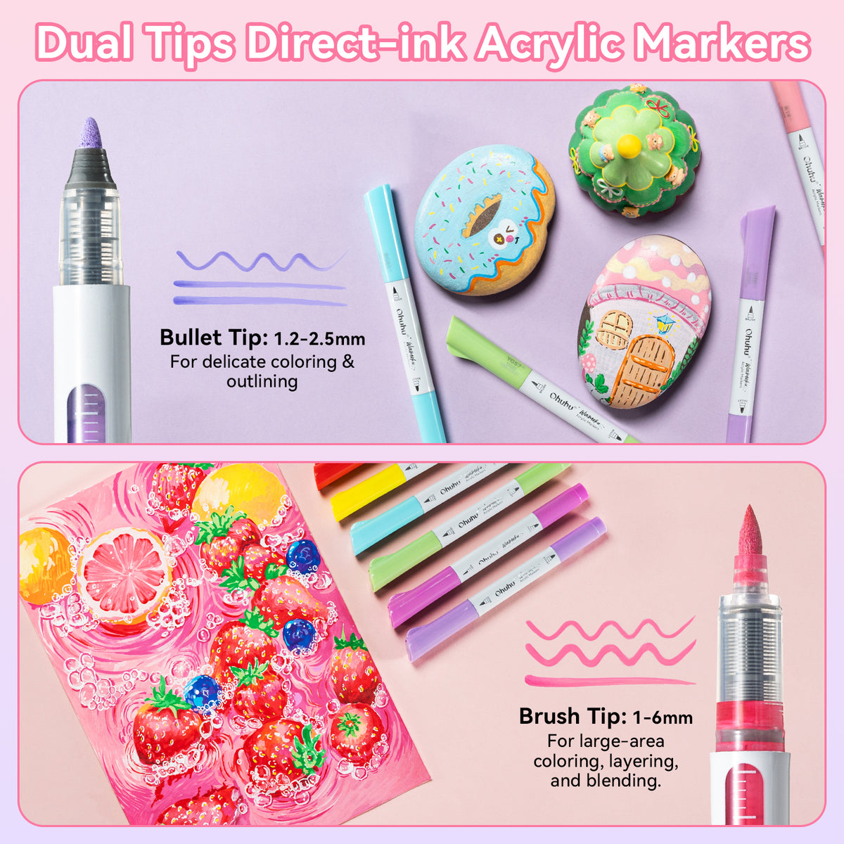 Ohuhu Deals - 24 Colors Brush & Bullet Automatic Ink Control Acrylic Markers - Waimoku
