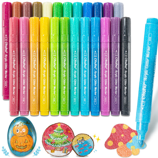 Ohuhu Quality - Acrylic Metallic Glitter Markers, 24 Colors - 0.7mm & 3mm Tip Paint Pens