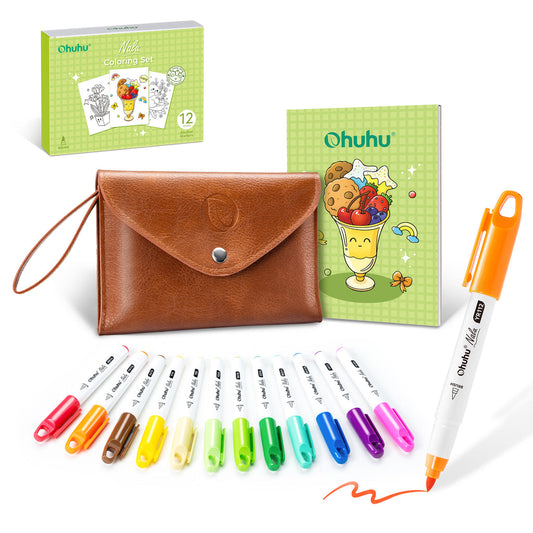 Ohuhu Exclusive - 12 Colors Mini Alcohol Markers Brush Tip - Nalu Travel Coloring Kit