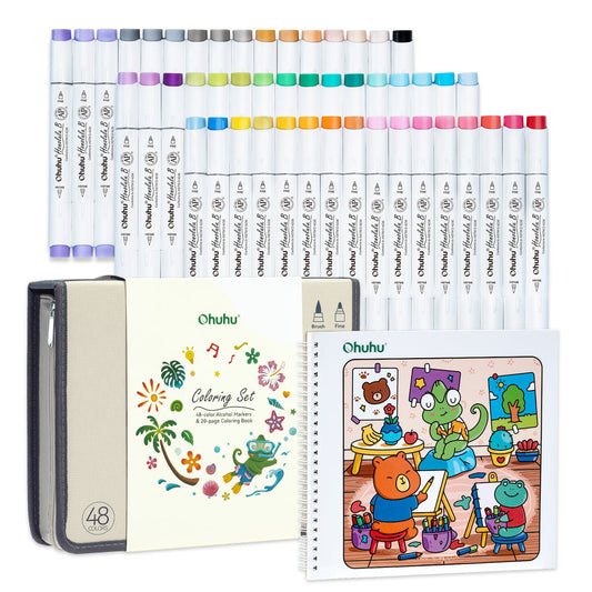 Ohuhu Premium - Honolulu B 48 Colors Alcohol Markers with Coloring Book