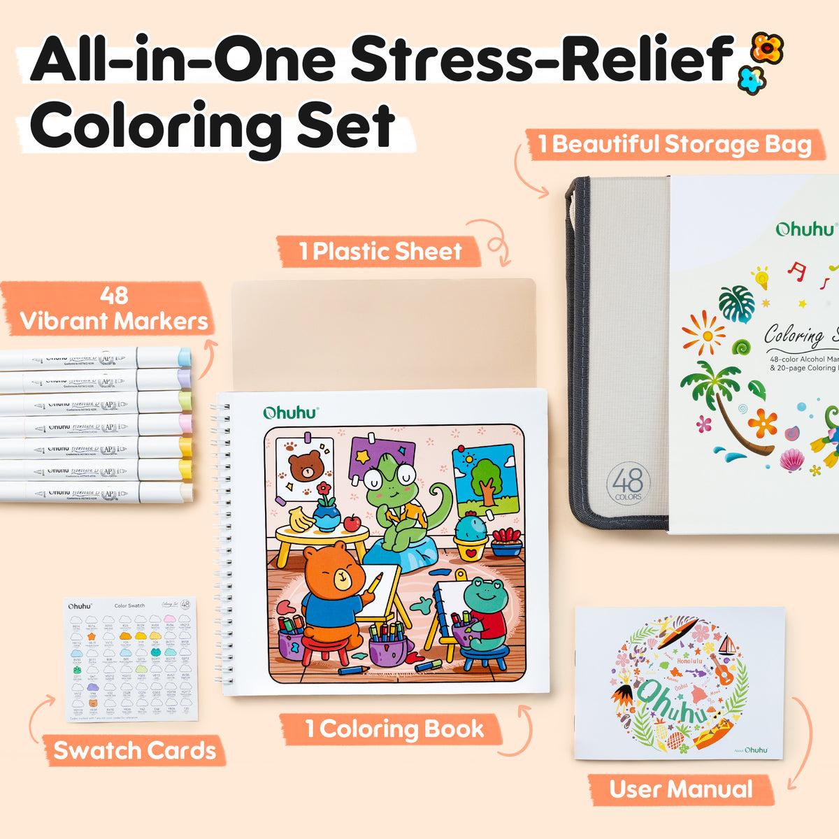 Ohuhu Premium - Honolulu B 48 Colors Alcohol Markers with Coloring Book