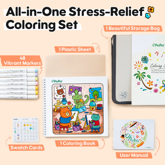 Ohuhu Premium - Honolulu B 48 Colors Alcohol Markers with Coloring Book