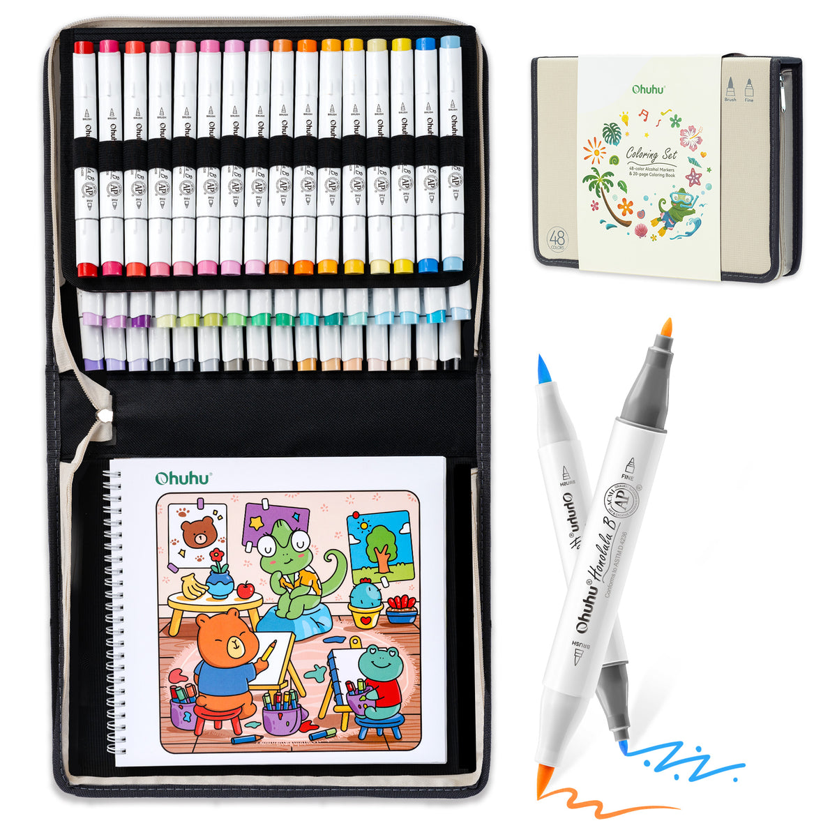 Ohuhu Premium - Honolulu B 48 Colors Alcohol Markers with Coloring Book