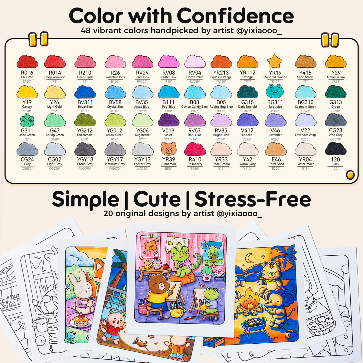 Ohuhu Premium - Honolulu B 48 Colors Alcohol Markers with Coloring Book