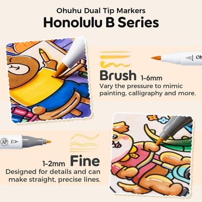 Ohuhu Premium - Honolulu B 48 Colors Alcohol Markers with Coloring Book