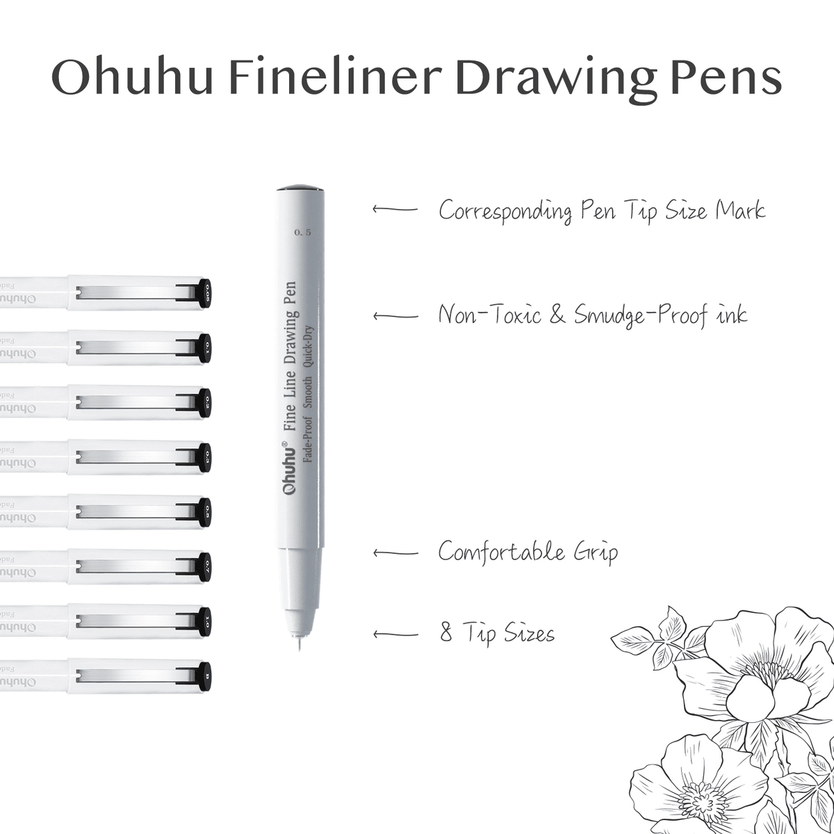 Ohuhu Exclusive - Fineliner Drawing Pen, 8 Pack