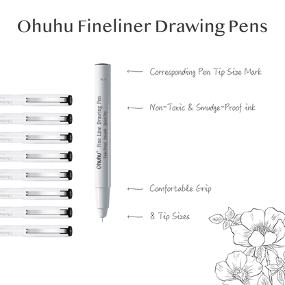 Ohuhu Exclusive - Fineliner Drawing Pen, 8 Pack