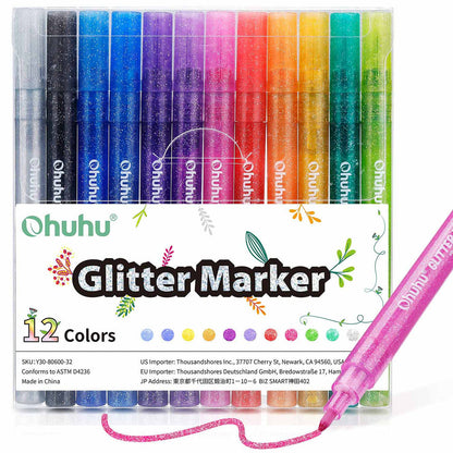 Ohuhu Trending - Water-Based Glitter Metallic Marker Pens, 12 Shimmer Colors