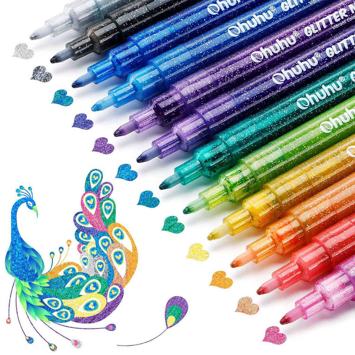 Ohuhu Trending - Water-Based Glitter Metallic Marker Pens, 12 Shimmer Colors