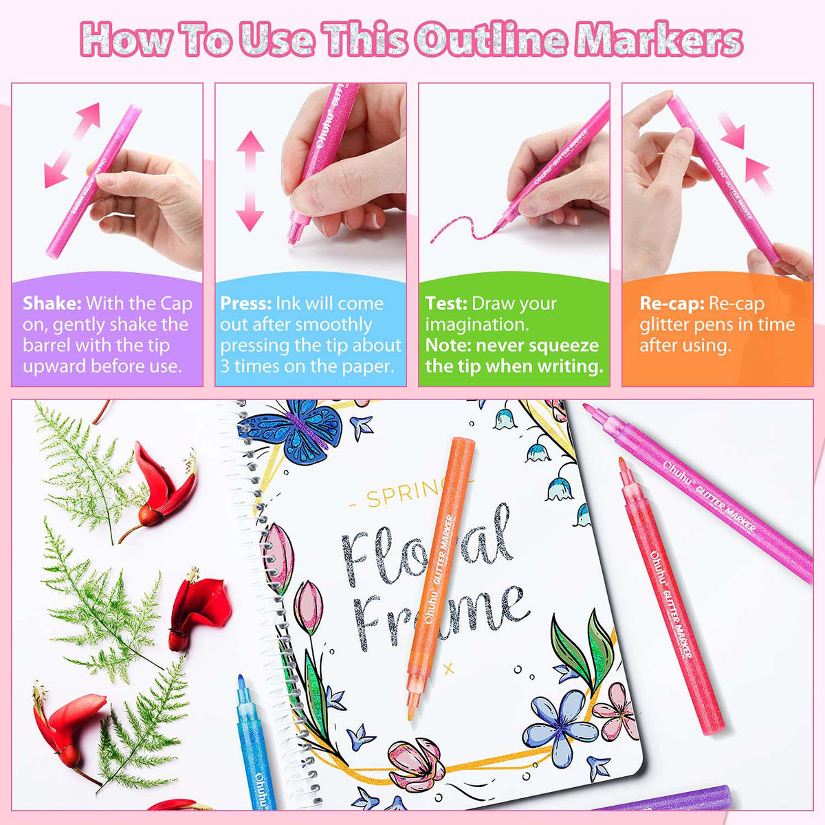 Ohuhu Trending - Water-Based Glitter Metallic Marker Pens, 12 Shimmer Colors