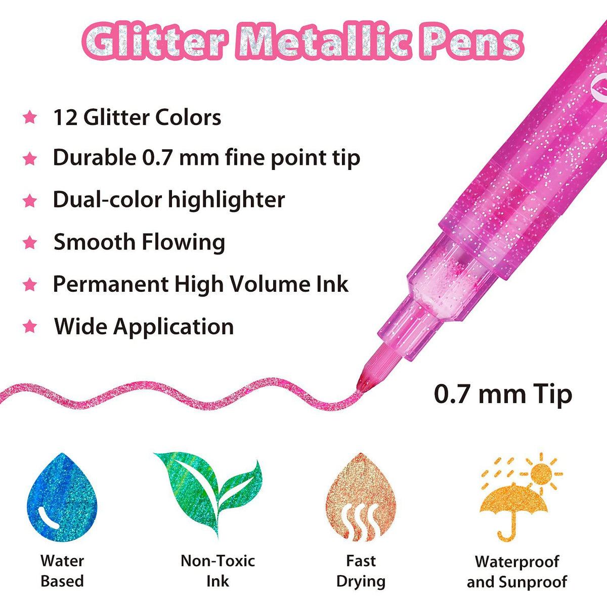 Ohuhu Trending - Water-Based Glitter Metallic Marker Pens, 12 Shimmer Colors