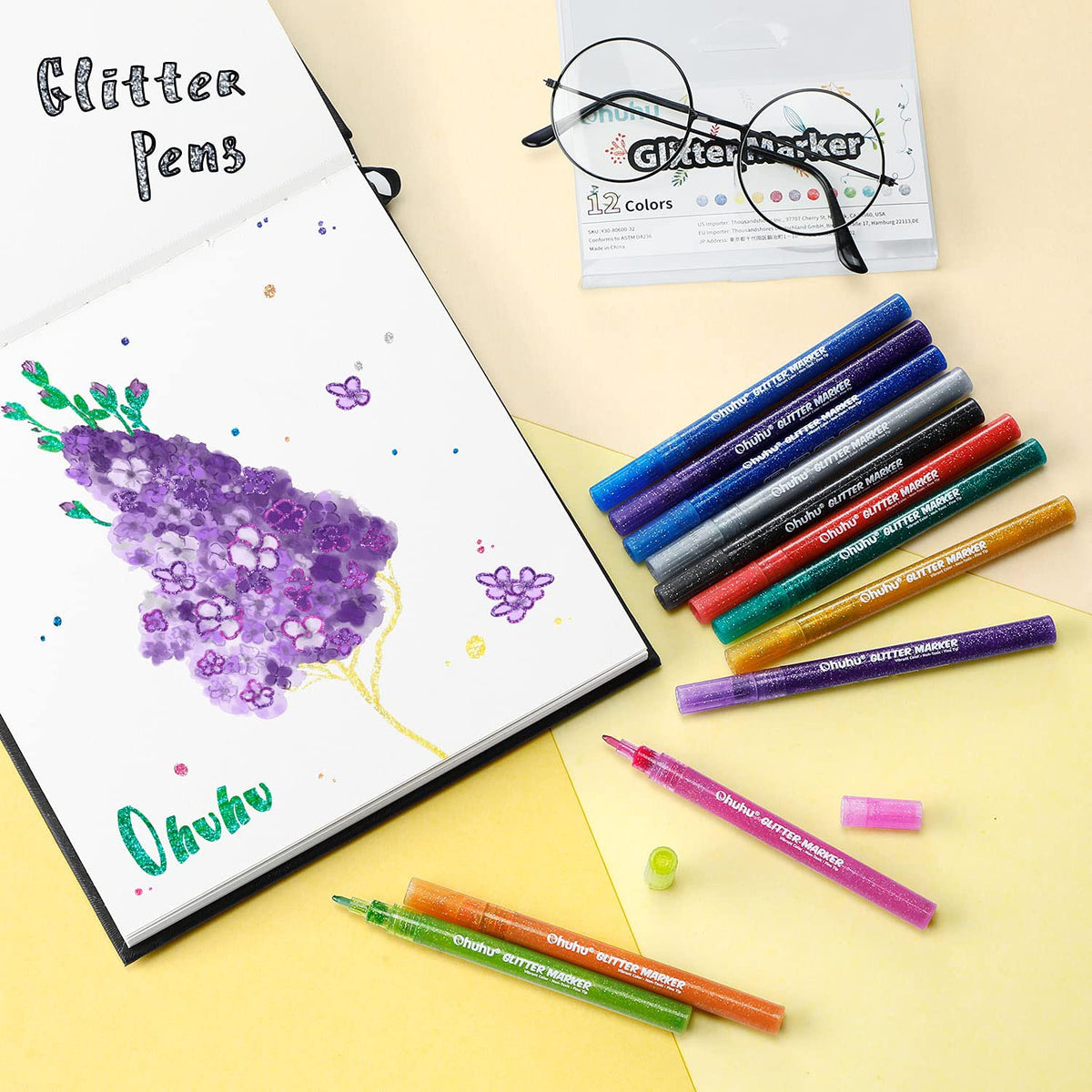 Ohuhu Trending - Water-Based Glitter Metallic Marker Pens, 12 Shimmer Colors