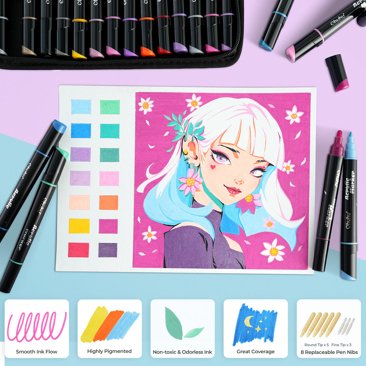Ohuhu Latest - Dual Nib Waterproof Acrylic Pen 30 / 60 / 90 Colors - Kakaako