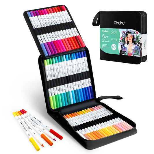 Ohuhu Great Value - Pupe Paper-friendly (No Peeling) Brush and Fineliner Dual Tips 60 Colors Water-based Coloring Markers